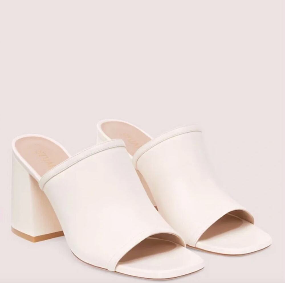NIB Stuart Weitzman Cayman 85 Block Slide Sandals Size 5B 35.5 Seashell Leather